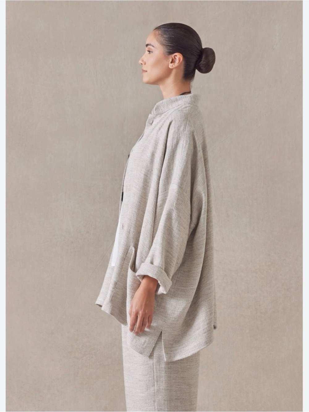 Eskandar Size 1 Jacket Light Linen Blend Open Coat Checkered Lagenlook Oversized